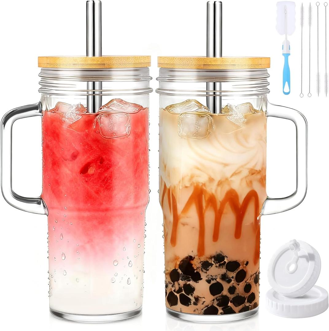 Birity 24oz Glass Cups with Lids and Straws,Glass Tumbler with Handle,2 set–Reusable Glass Ice Coffee Cups with Lid and Straw for Smoothies,Tea,Juice,Boba Cup for Cold & Hot Drinks,Travel Cup