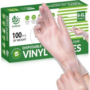 SWIFTLITE Disposable Vinyl Gloves, Food Safe, LatexFree PowderFree Clear Plastic Gloves for Cooking, House Clean, Food Prep (100, Large)