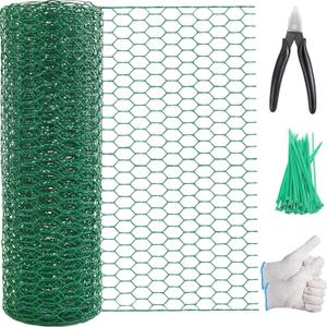 Chicken Wire 15.7in x 118in with a Pair of Gloves1 Wire Cutter50 Pcs Cable Zip Ties, Floral Chicken Wire Mesh 0.8in Hexagonal Galvanized PVC Coated Garden Netting Fence for Craft Poultry Garden