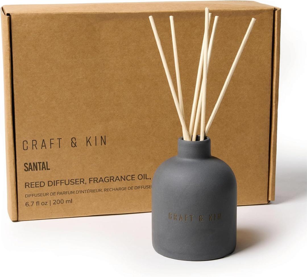 Craft & Kin Reed Diffuser for Home & Bathroom  Santal Woods Holiday Reed Diffuser Set with Fragrance Sticks, Long-Lasting Alcohol-Free Winter Scent, Earthenware Collection, 6.7oz