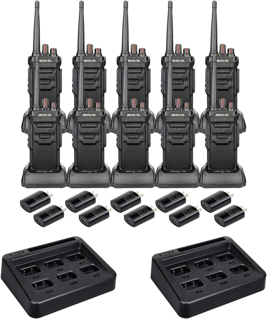 Retevis RT48 IP67 Waterproof Walkie Talkie (10 Pack) Bundle with Six-Way Multi Unit Charger (2 Pack),Heavy Duty 2 Way Radio with Earpiece,Military Grade,Rugged,Squelch,VOX,SOS Alarm