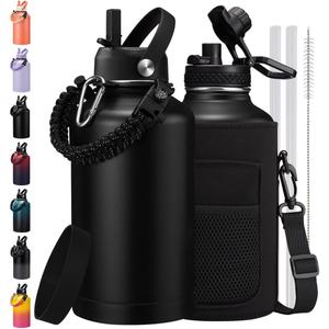64 oz Water Bottle with Straw & Spout Lids, Keep Cold 48H, Half Gallon Insuated Water Bottle with Paracord Handle & Carrier Bag, 64/128 oz Water Jug Stainless Steel Metal Flask for Men Woman Gym (Black)