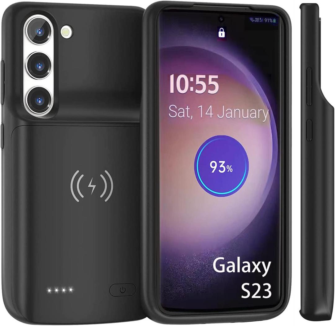Galaxy S23 Battery case (6.1 inch) Qi Wireless Charging Compatible, 7000 mAh Extended Power Slim Protective Portable Charger Case Rechargeable for Phone Regular S23 5G - Black