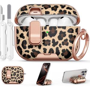 for AirPods Pro 3 Case 2025, with Safty Lock & Phone Stand for Floral AirPods Pro 3 Generation Case Cover for Women Girly, iPod Pro 3 Case with Keychain & Cleaner Kit - Leopard Print