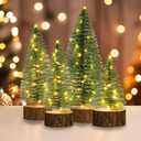 4 PCS Mini Christmas Trees, Artificial Bottle Brush Trees with 2 Modes Timer LED String Lights, Button Cell Battery Powered Desktop Small Pine Trees with Wooden Base for Home Xmas Decor (Warm White)