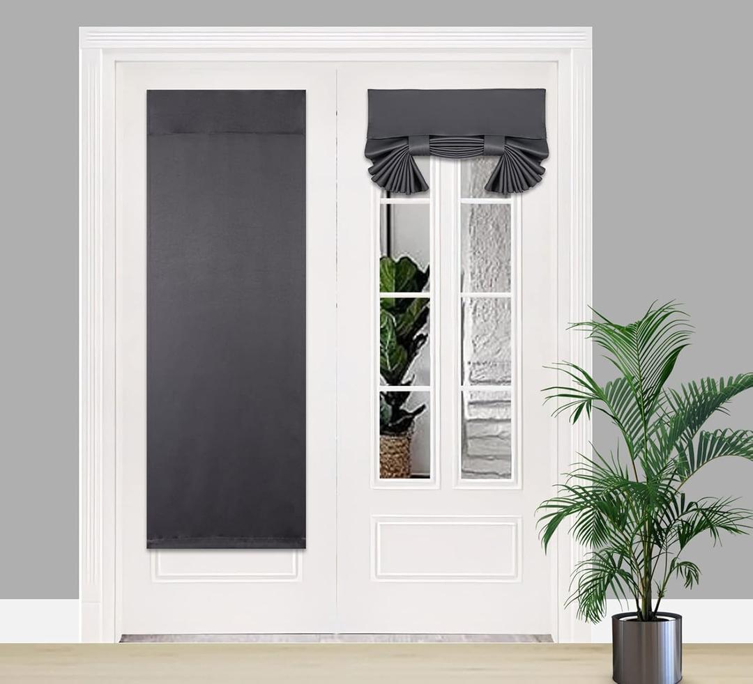 PI Blackout French Door Curtain,Privacy Thermal Insulated Window Shades for Front Entry Back Glass Door Window/Sliding Door/Patio Door 1 PanelSelf Adhesive No Drill(W26XL68,Dark Grey)
