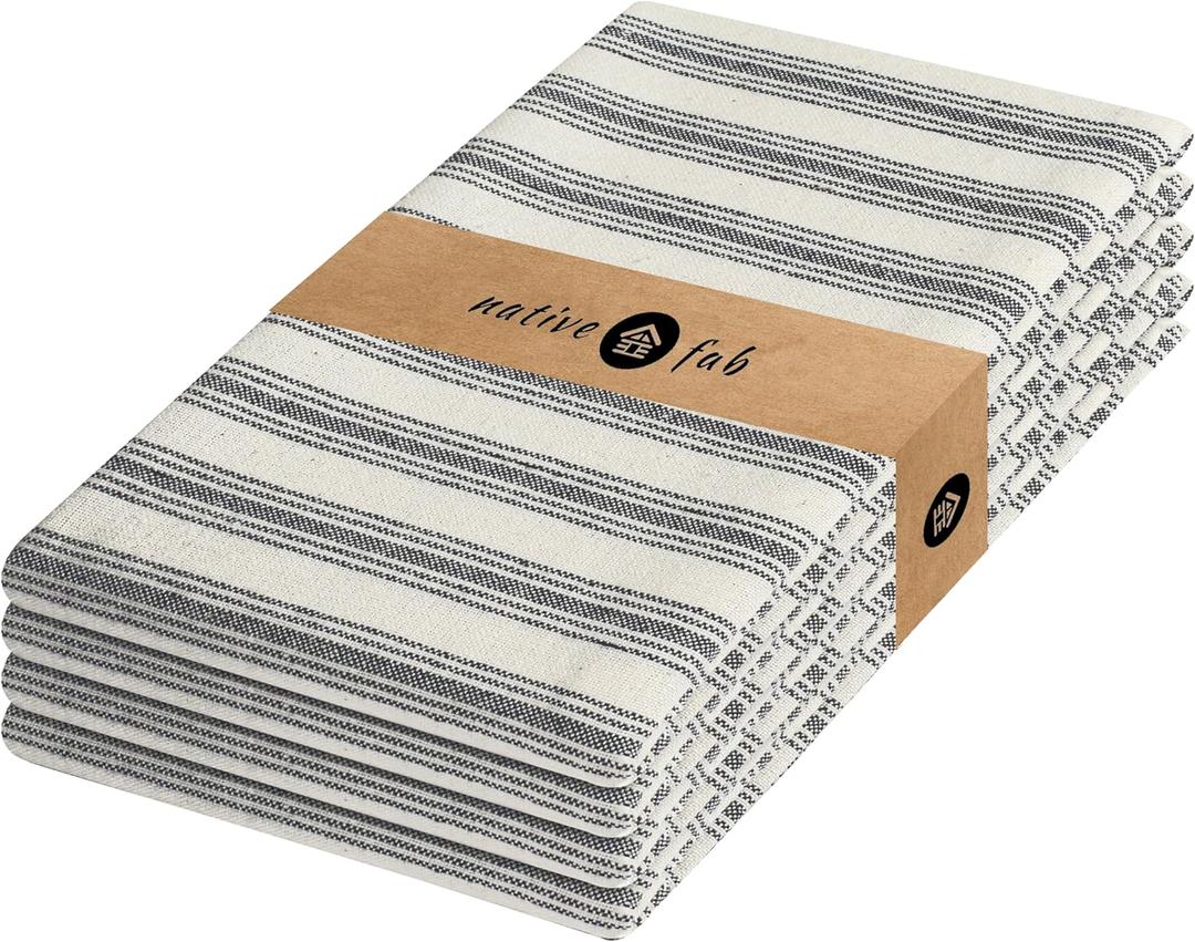Native Fab 4 Pack Farmhouse Modern Stripe Kitchen Dish Towels Cotton Super Absorbent Quick Drying Reusable 18x26 Inches - Bar Hand Towels, Kitchen Cleaning Towels with Hanging Loop, Zaha Black (Set of 4)