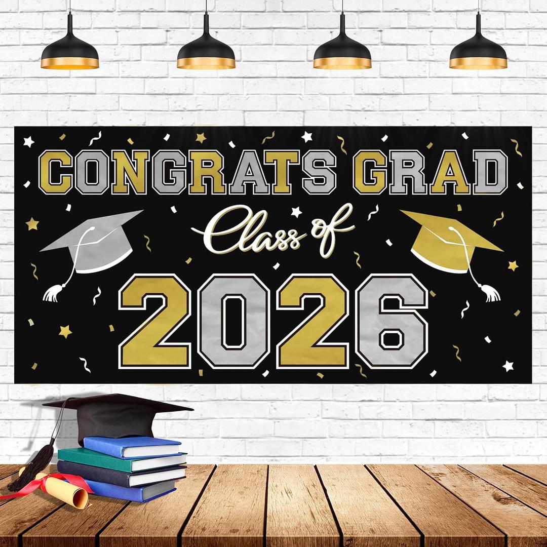 5 x 2026 Graduation Party Plastic Backdrop - 65" x 32.7" Congrats Grad Banner in Black, Large Class of 2026 Decorations, Photography & Grad Party Supplies