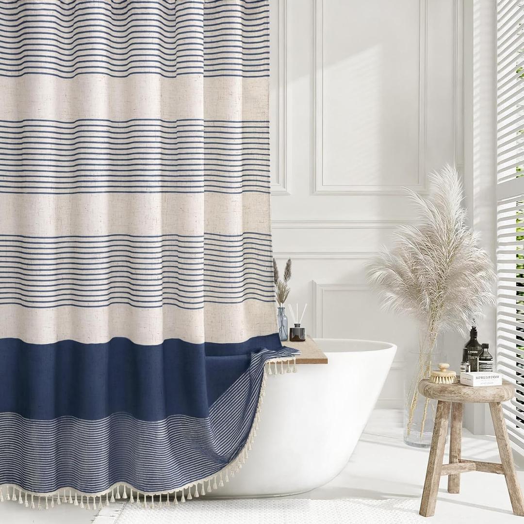 XOGUIBO Navy Blue Shower Curtain Linen Coastal Ocean Striped Shower Curtains for Bathroom with Tassel 72 X 72