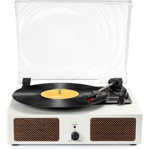 Vinyl Record Player with Build in Speakers Vintage Portable Turntable Supports Bluetooth Receiver USB Input,AUX Input,RCA Line Out,3 Speed and Headphone Jack Wooden White