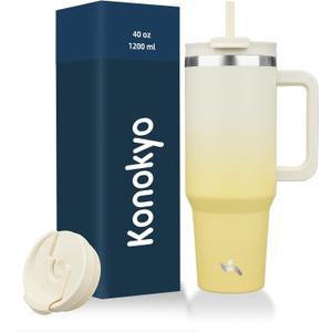 40 oz Tumbler with Handle and 2 Straws,2 in 1 Lid Insulated Water Bottle Stainless Steel Travel Coffee Mug,Lemon