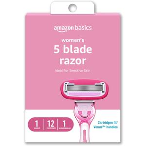 Amazon Basics Women's 5-Blade Razor for Smooth, Close Shave, FITS Amazon Basics Handle and Venus Handles, Ideal for Sensitive Skin, Includes 1 Handle, 12 Cartridges & 1 Shower Holder