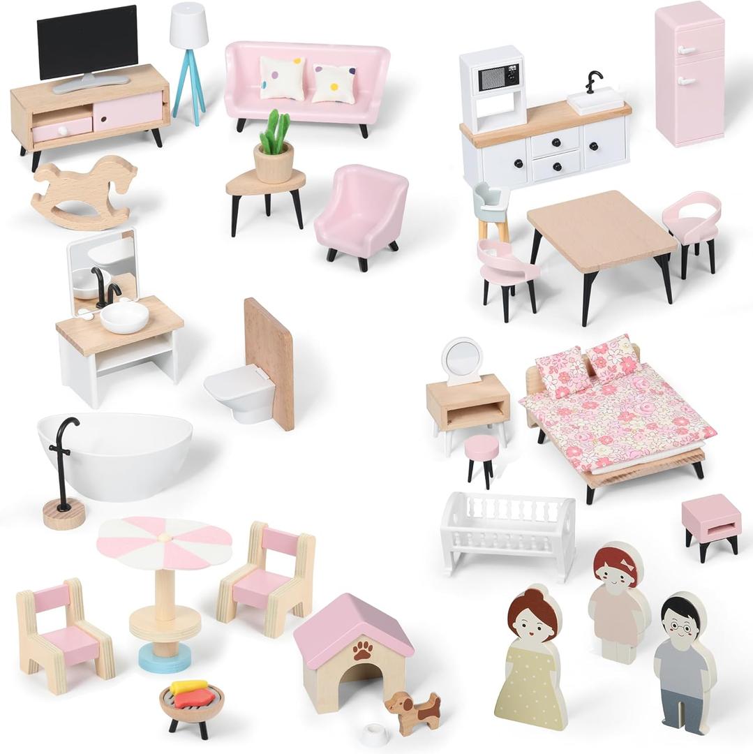 Wooden Dollhouse Furniture Set, Dollhouse Accessories and Furniture, with 7 Rooms 3 Dolls, Includes Patio Set & Dog Set, Doll House Furniture Toys Gift for Kids Boys Girls