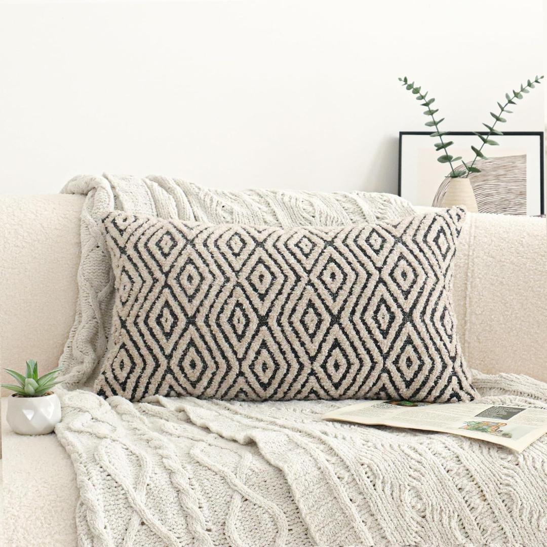 Jonhier Black White Boho Lumbar Throw Pillow Cover, Neutral Textured Geometric Rhombic Pattern Pillowcase, Farmhouse Accent Decorative Sham for Sofa Couch Bedroom Living Room, 12 x 20 inches, 1PCS