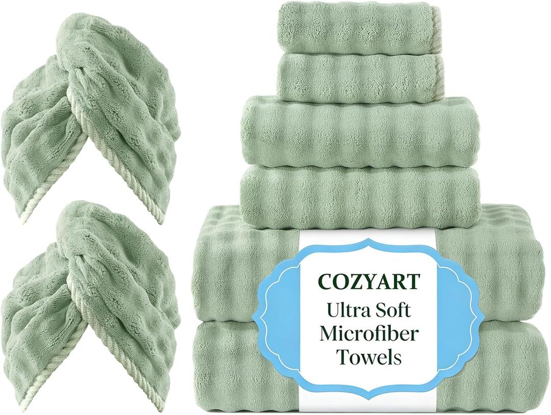 COZYART Lint Free Towel Sets 8 Pcs Sage Green, Thick, Super Soft, Absorbent & Quick Dry Microfiber 3D Bubble Bathroom Daily Use Set with 2 Bath Towels, 2 Hair Towels, 2 Hand Towels, 2 Washcloths