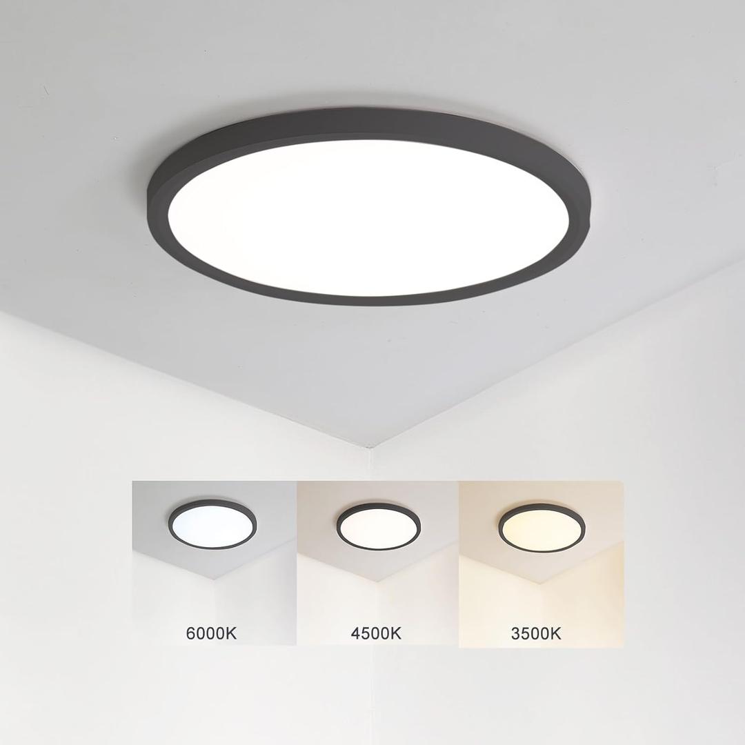 9 Inch LED Flush Mount Ceiling Light Fixture, 3500K/4500K/6000K Wall Switch Adjustable Ceiling Light,1800LM Ultra Thin Black Round Lamp,18W Ceiling Lamp for Bedroom Kitchen Bathroom Living Room