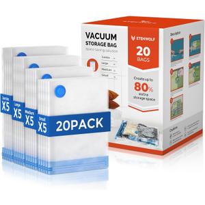 ETENWOLF 20 Pack Vacuum Storage Bags, Vacuum Seal Bags for Clothes and Travel, Space Saver Bags in Multiple Carry-On Sizes, Perfect for Luggage and Suitcases