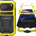 for iPhone 17 Pro Max Metal Military Heavy Duty Case, Metal Bumper Shockproof Dustproof Rugged Tough with Stand Screen Protector Camera Control Full Body Drop Protective Cover (Yellow)