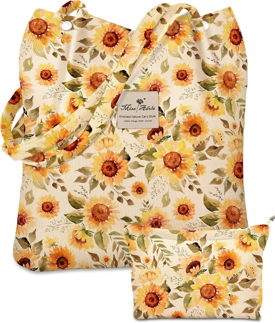 Aesthetic 2 Pack Corduroy Tote Bag - with Makeup Pouch Bag for Women Reusable Grocery Bag for Gym, Travel, Work