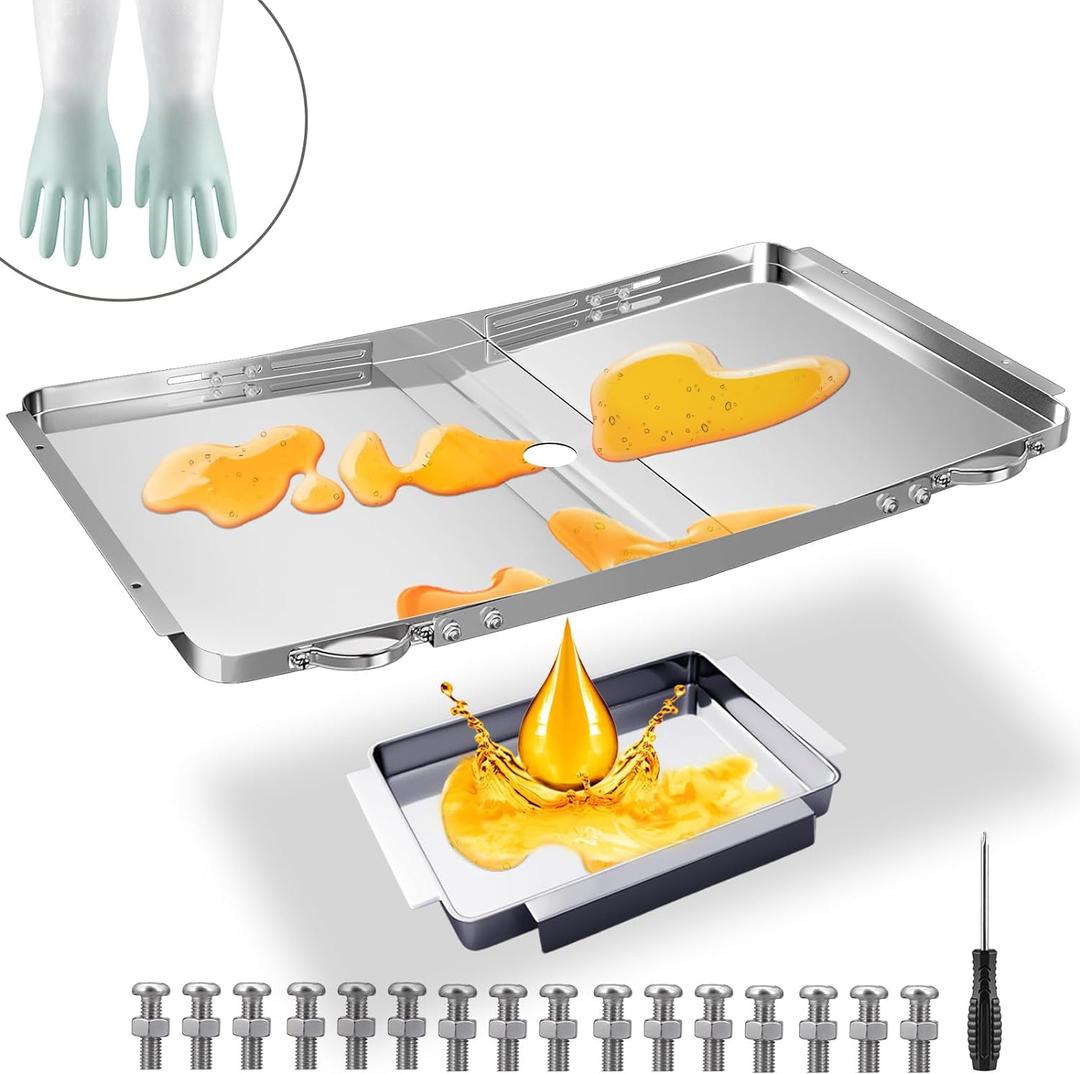 Gas Grill Grease Tray Replacement Parts, Adjustable Grease Tray with Catch Pan Stainless Steel Drip Pans Set (XL)
