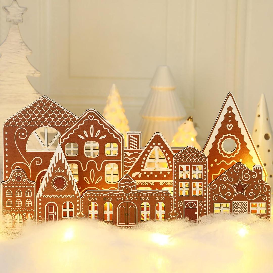 Rossesay Christmas Gingerbread House Tabletop Decorations with Light Wooden Christmas Village Centerpieces Gingerbread Xmas Decor for Table Farmhouse Rustic Xmas Decoration with Base