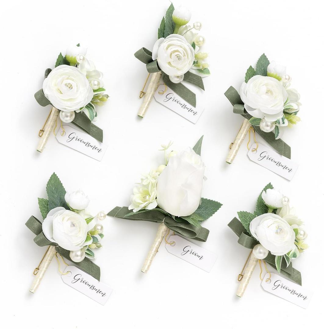 Ling's Moment Boutonniere for Men, 6pcs Groom Groomsmen Boutonniere, Artificial Flowers for Wedding Decor/Prom/Homecoming, etc.White Ranunculus Pearl