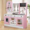 Kids Kitchen playset, Wooden Play Kitchen, Height Adjustable, Comes with Various Kitchen Accessories, Ideal Role Play Toy Gift for Toddlers and Kids Ages 3-8 (Pink)