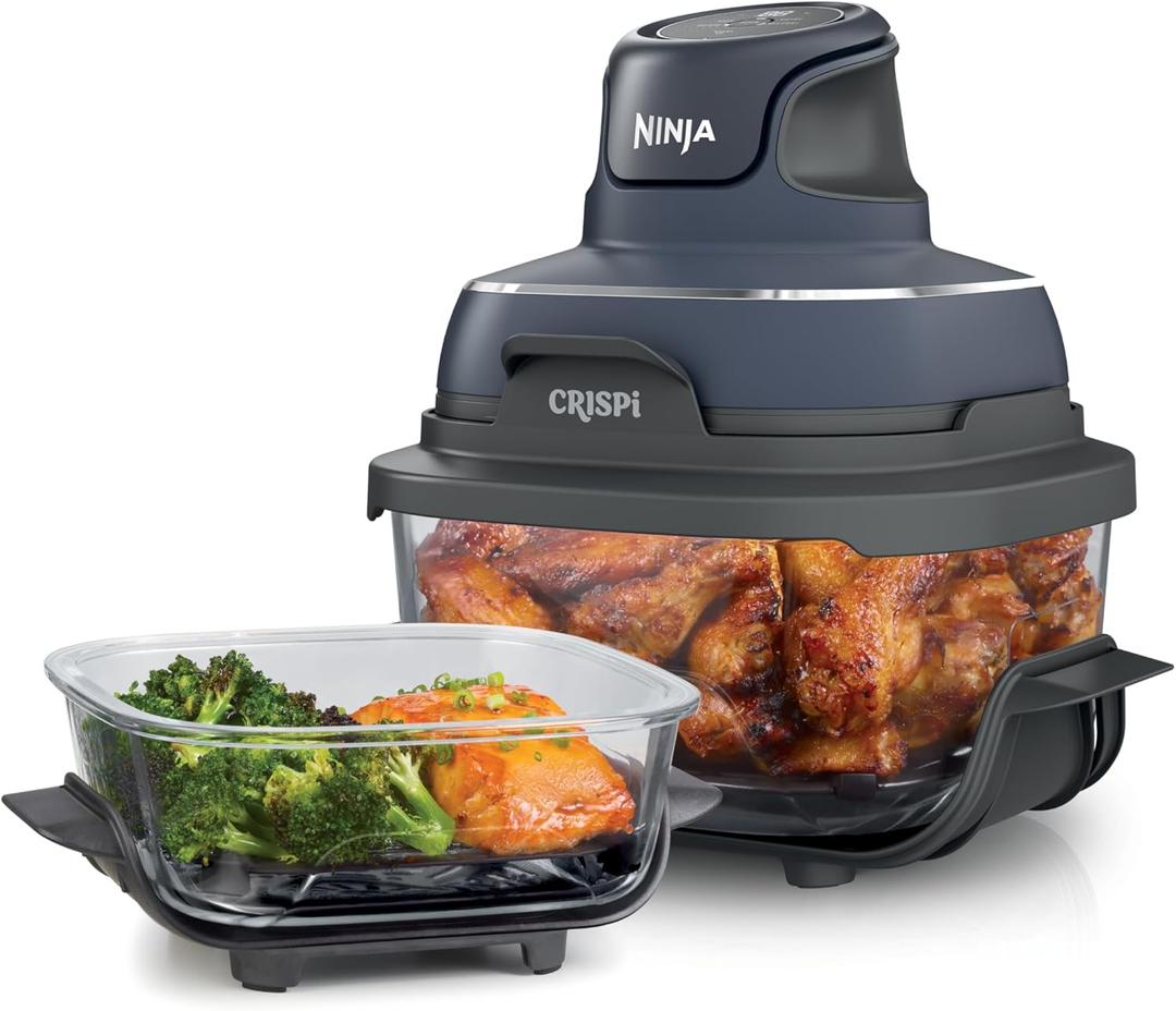 Ninja Crispi 4-in-1 Portable Glass Air Fryer Cooking System, 4QT & 6 Cup Glass Containers with Storage Lids, Easy Meals, Microwave, Freezer & Dishwasher Safe, Air Fry, Bake & More, Cyberspace, FN101GY