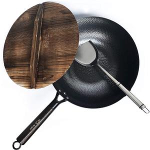 Carbon Steel Wok For Electric, Induction and Gas Stoves (Lid, Spatula and User Guide Video Included) (A-12.5 inch Wok with Wooden Lid)