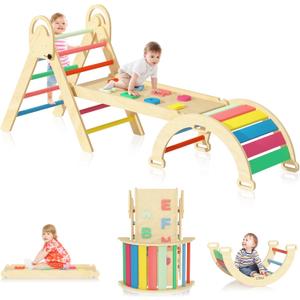 Pikler Triangle Set, Montessori Climbing Set, Baby Climbing Playset Toys Indoor, Jungle Gyms for Toddlers Ages 1-4, Toddler Climbing Playground (Rainbow-Nature)