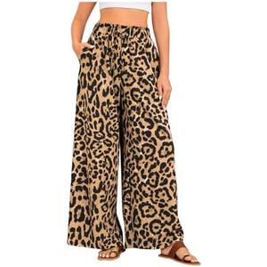 OYOANGLE Women's Leopard Print Elastic High Waist Wide Leg Pants Tie Front Pockets Loose Casual Trousers L