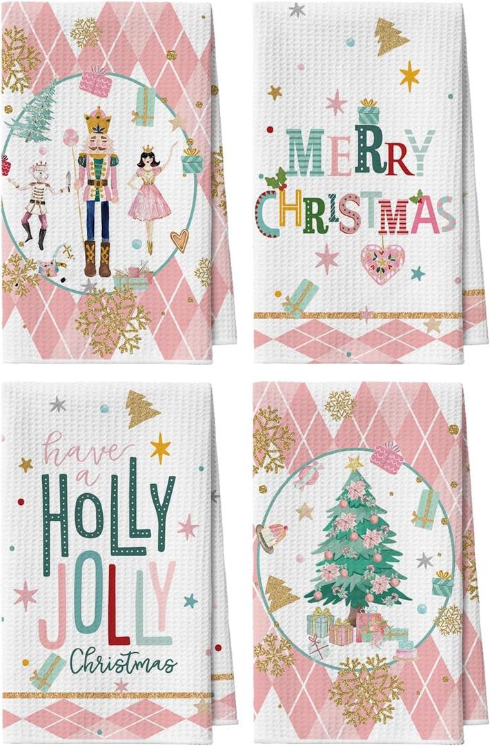 Artoid Mode Pink Nutcrackers Tree Holly Christmas Kitchen Towels, 18x26 Inch Quick Dry Microfiber Cloth Dish Towels for Kitchen Drying Set of 4