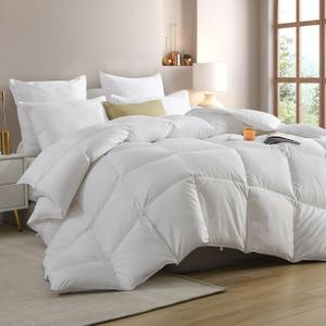 Hotel Luxury All Season Feather Down Comforter Oversized King, Silky Soft Egyptian Cotton Blend Cover, Fluffy Ethically Sourced Feather & Down Fibers Filled Duvet Insert with Ties, 120x98 Inch White