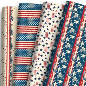 12 Sheets Patriotic Wrapping Paper - Vintage American Flag & Statue of Liberty Design, Independence Day Gift Wrap for 4th of July & Memorial Day, President's Day, 19.7 x 27.6 (Red, White & Blue)