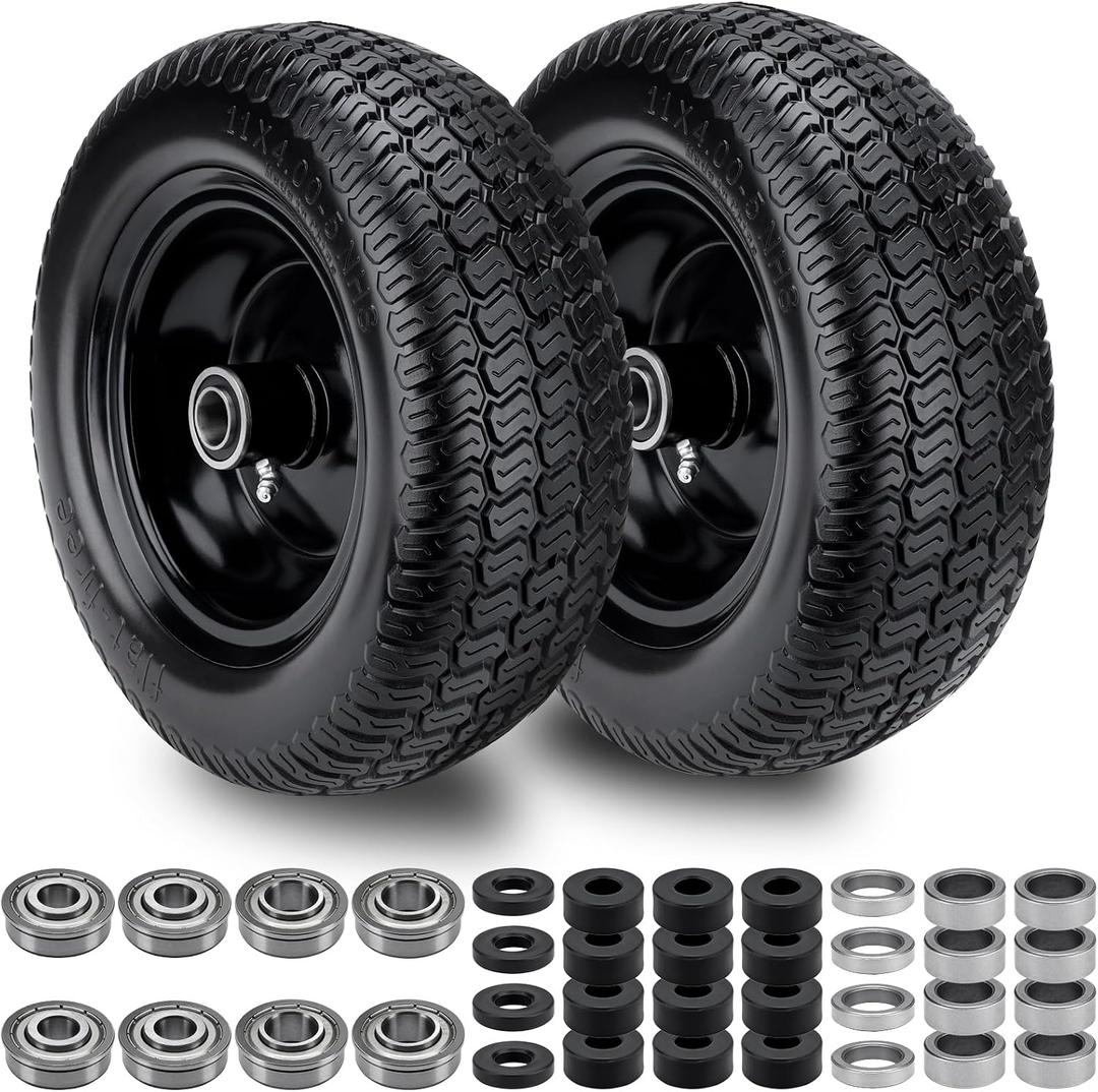 2 Pcs 11x4.00-5 Lawn Mower Tires Flat Free and Wheel, Universal Smooth Solid 11x4-5 Zero Turn Mowers Front Tires With 3/4" 5/8" 1/2" Ball Bearings, 3.4"-5.6" Centered Hub, For Residential & Commercial