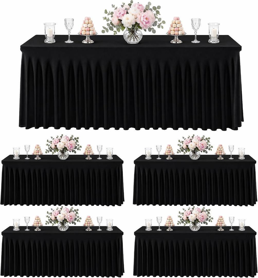 5 Pack Black Stretch Spandex Tablecloths, 6ft Fitted Rectangle Table Cover with Skirt, Wrinkle Free Polyester Table Cloth for Wedding, Party, Banquet, Baby Shower, Christmas, 6ft Rectangle Spandex Tablecloths-5pcs