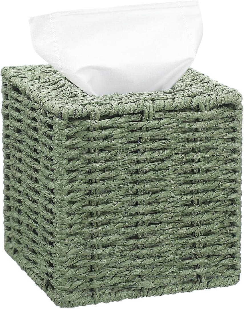 Sage Green Tissue Box Cover Square Natural Paper Rope Hand Woven Tissue Box Holder for Bathroom Living Room Bedroom Kitchen Table Desk Office Boho Home Decor
