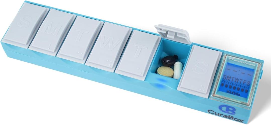 Pill Dispenser with Alarm Medication Alert Smart Pill Organizer with Alarm 7-Day Weekly Case with Auto-Learning Habit Sensor, LCD Status Icons, Rechargeable, Portable (Blue)