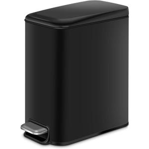 H+LUX Slim Small Bathroom Trash Can with Lid Soft Close,Black Small Trash can for Bathroom Bedroom Office with Removable Inner Wastebasket, Rectangular Foot Pedal Trash Bin, 5L/1.3Gal
