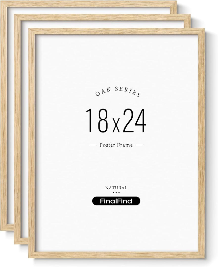 Minimalist 18x24 Frame Set of 3, Natural Solid Oak Wood 18x24 Poster Frame, Lightweight for Wall Mounting(3 Pack, Oak)