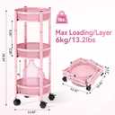 TOOLF 3-Tier Foldable Metal Storage Rolling Cart, Collapsible Utility Cart, No Assemble, Multifunction Organizer Trolley with Lockable Wheels for Kitchen, Living Room, Bathroom, Pink