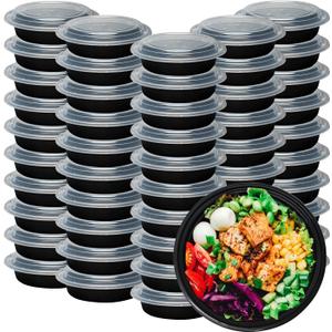 Klex 12 Oz, 150 Sets Meal Prep Containers with Airtight Lids, BPA Free, Reusable Plastic Food Container, 32 oz, Round, Black/Clear, 150 Sets