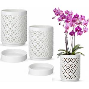 2 Pack 4 Inch Orchid Pots with Holes and Saucers, Ceramic Orchid Pot for Repotting, Flower Planter Pot Indoor Outdoor, Breathable Slotted Orchids Planter Gifts for Moms(White)