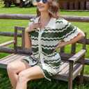 Moreone 2 Piece Lounge Set Women Short Sleeve Striped Crochet Knit Sets Two Piece Button Up Pajamas with Drawstring Shorts (Green, S)