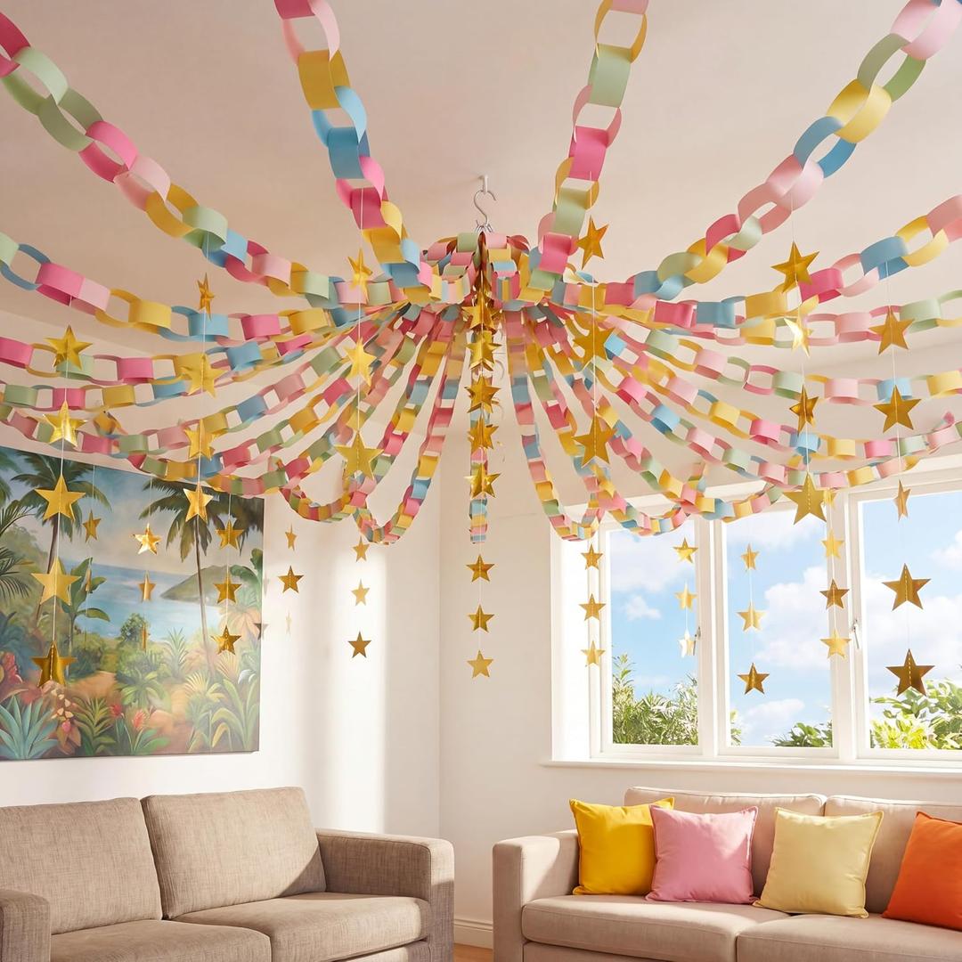 Maitys 500 Sheets Paper Chain Strips and Mirror Star Garland 13 Feet Paper Crafts Banner with Double Sided Tape for Crafting Birthday Wedding Festival Theme Party Decor (Candy,0.79 x 8.27 Inches)