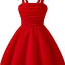 WDIRARA Girl's Bow Sleeveless A Line Mini Dress Ruched Ruffle Swing Cami Dresses Red 11Y