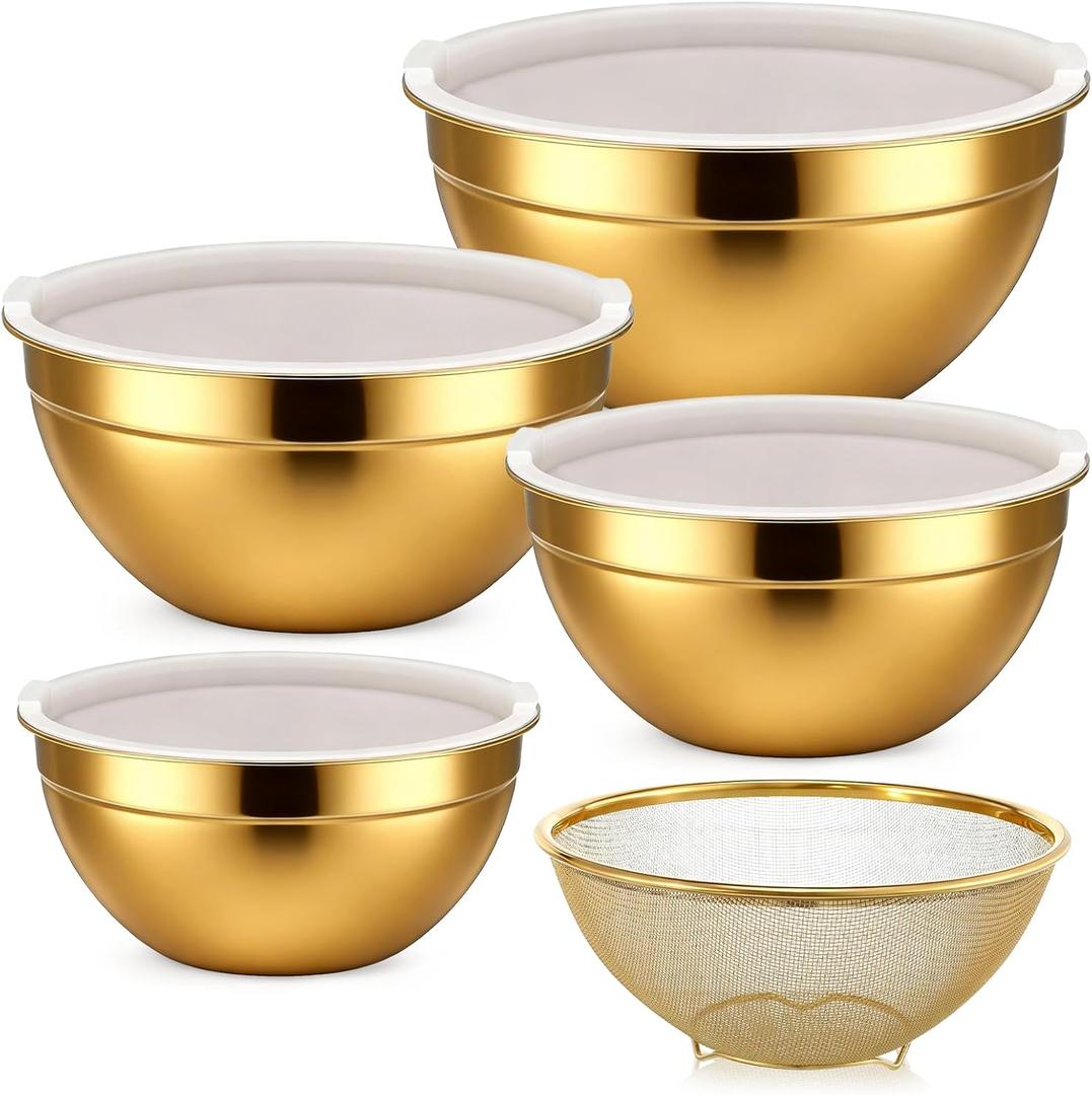 Gold Mixing Bowls with Lids Set, 4pcs Gold Stainless Steel Nesting Salad Mixing Bowls with Lid, Large Golds Strainer Basket 1.5, 2.0, 2.5, 4.0 Qt for Mixings Serving Food