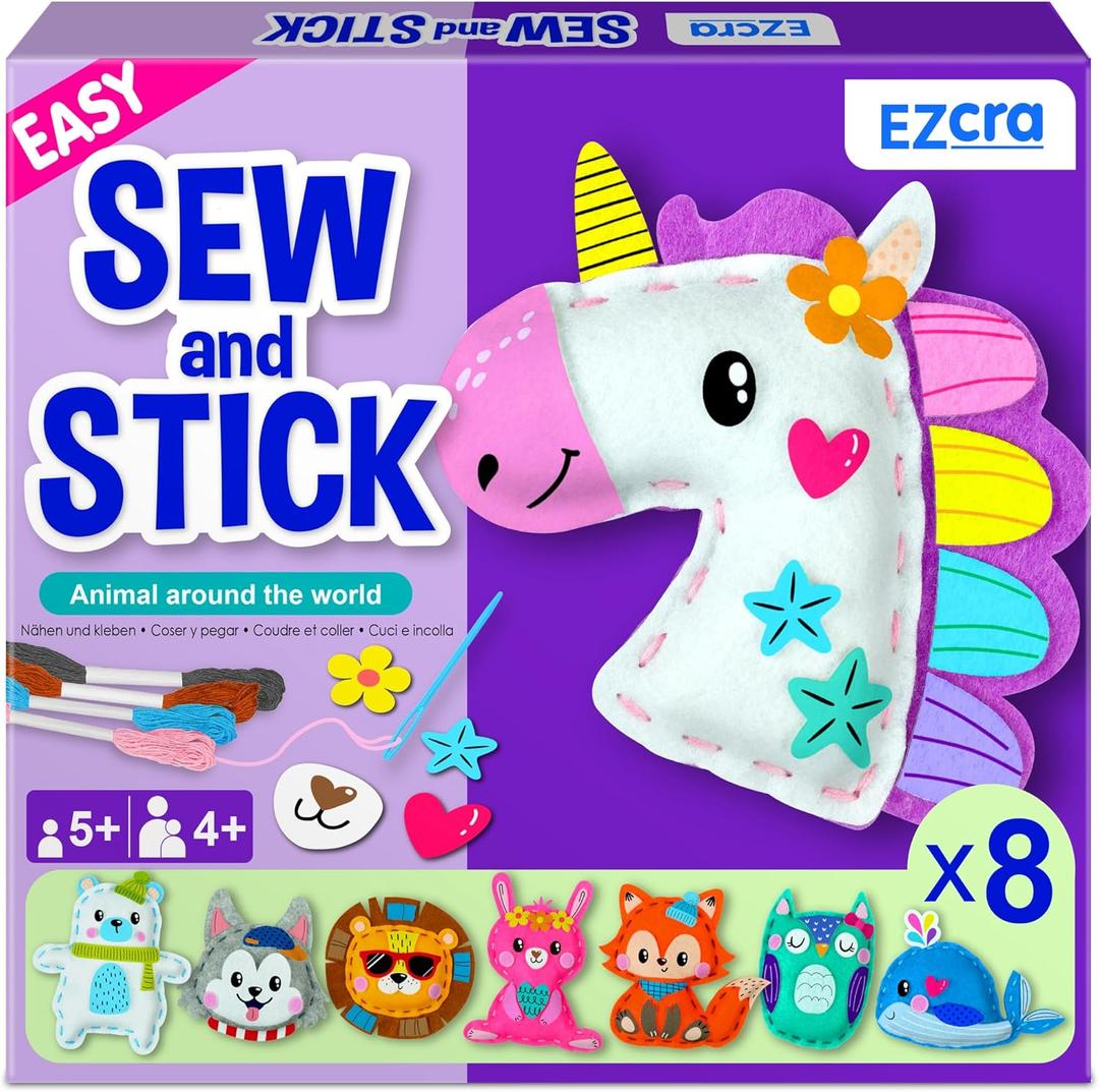 EZCRA Unicorn Sewing Kit for Kids - 8-in-1 Kids Sewing Kit - Easy to Do Craft Kits for Ages 4-8 - Sewing Crafts - Extra Felt Stickers for Decoration - No Mess with Full Instructions (Animal)