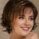 RENERSHOW Brown with Blonde Highlights Wavy Short Pixie Wigs for White Women Natural Looking Synthetic Wig with Bangs Layered Short Haircuts for Daily Party