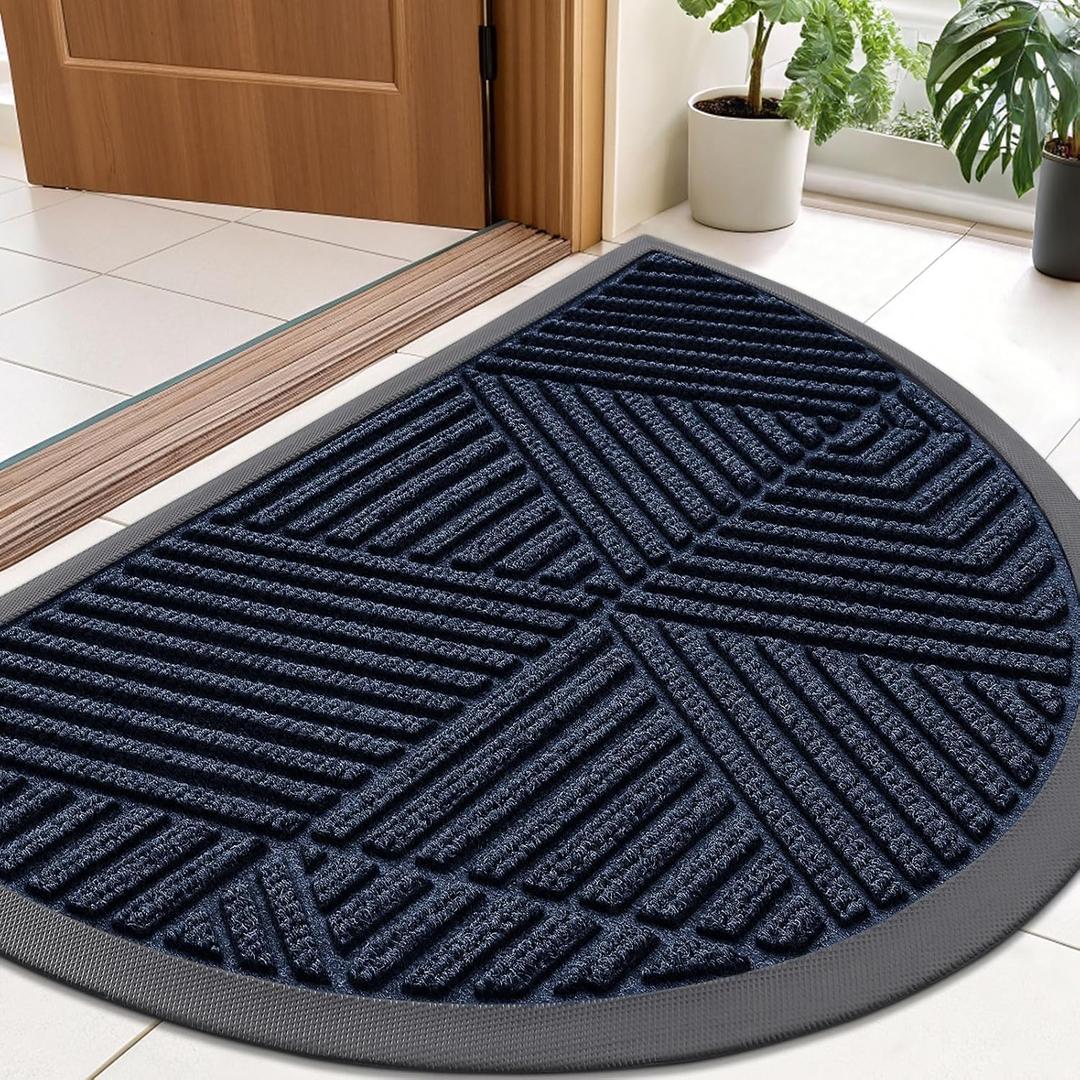 Smiry Half Circle Front Door Mat Outside Entrance, Heavy Duty Sturdy Natural Rubber Doormat, Trap Dirt and Moisture, Low Profile Mats for Indoor Outdoor Entry, Irregular Triangle (35x23, Navy Blue)